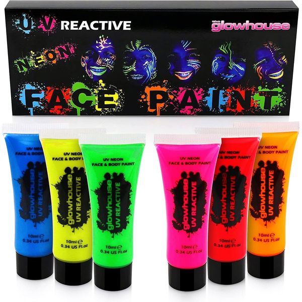 6 x Neon UV Farben für Gesicht und Körper (6 Stück) UV Glänzendste fluoreszierende Farben