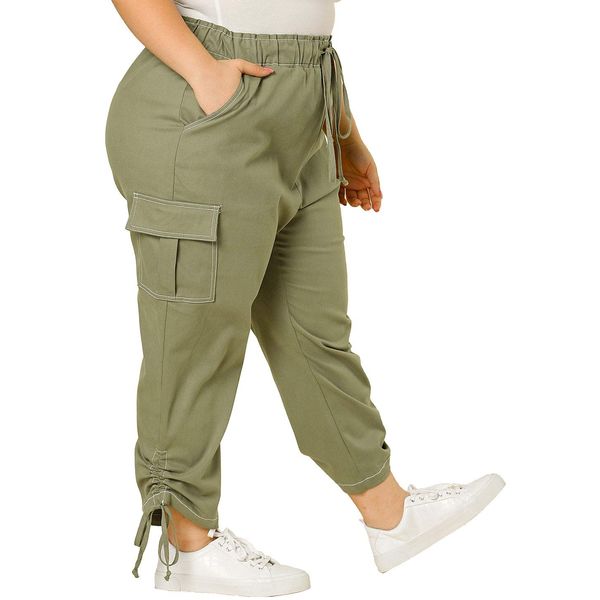 Agnes Orinda Women's Plus Size Drawstring Elastic Waist Cargo Pants with Pocket 3X Army Green