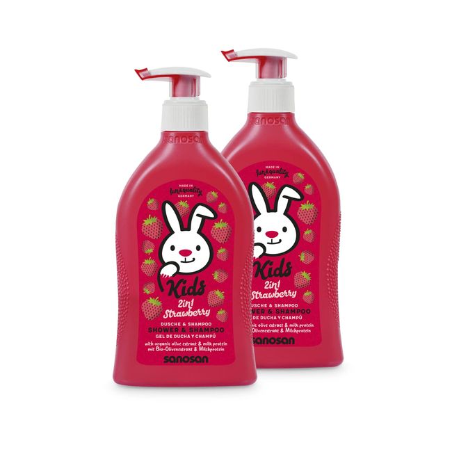 sanosan 2in1 Dusche & Shampoo Erdbeere für Kinder & Baby 2x 400 ml - Duschgel & Haarshampoo mit Bio Olivenextrakt & Milchprotein - Haarpflege, Hautpflege, Shower Gel, Haar Shampoo