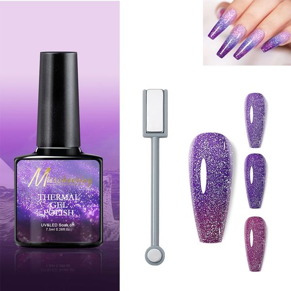 Gel Nail Polish, Flash Gel Nail Polish Set, Holographic Cat's Eye Gel Nail Polish, Dreamy Purple Magnetic Nail Polish With Magnet Oil-Absorbing UV/LED, Suitable for DIY Manicure for Girls At Home