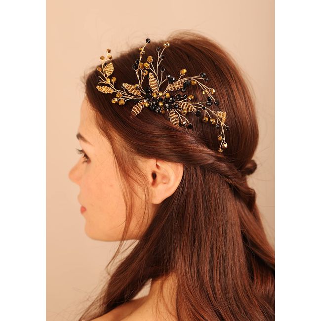 BERYUAN Women Girls Black Crystal Rhinestone Gold Beads Hair Comb Rhinestone Wedding Hair Comb Gold Bride Headband Wedding Hair Accessories for Women Girls