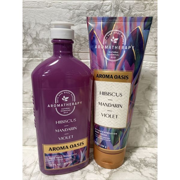 BATH & BODY WORKS AROMA OASIS HIBISCUS/MANDARIN/VIOLET BODY WASH+BODY CRE. NEW