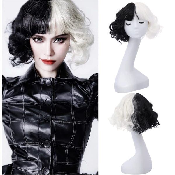 MAGQOO Half Black White Wig with Bangs Women Girls Short Curly Wavy Wig Black and White Hair Wigs Halloween Cosplay Costume Party Wig