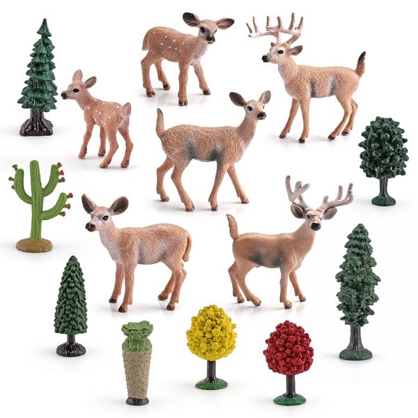 14PCS Deer Figurines Toys Woodland Animals Toy Playset Toy Trees Toys Plastic Play Trees Christmas Scene Decoration Cake Tooper Decoration