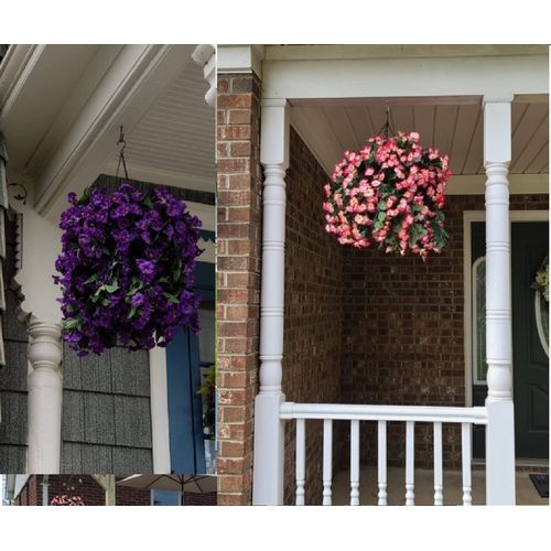 MJFloria Artificial Fake Flowers Plants Hanging Baskets Spring Outside Outdoor Decor, Faux Silk Purple Morning Glory Long Stems for Planter Pot, Home Patio Porch Balcony Indoor Decoration