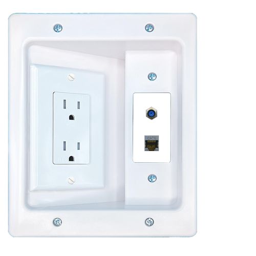 RiteAV CAT6-SHIELDED F81 Recessed Wall Plate Cable Concealer Management Kit with Power Outlet Hides Cords and Cables