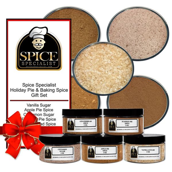 Holiday Pie & Baking Spice Gift Set - Contains: 5 different spice jars (1 each of: Apple Pie Spice, Pumpkin Pie Spice, Gingerbread Spice, Vanilla Sugar and Cinnamon Sugar.)