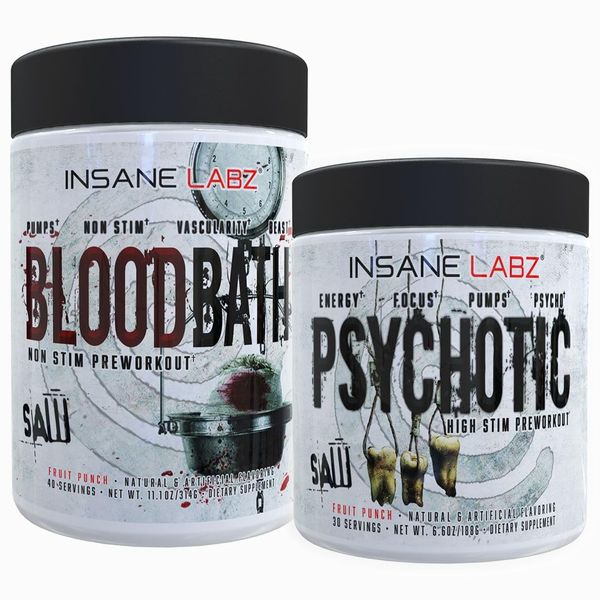 Insane Labz Psychotic SAW® and Bloodbath Pre Workout Nitric Oxide Booster Stack, Increase Muscle Mass, Vascularity, Strength, Energy, Focus (Fruit Punch, 30 Servings)