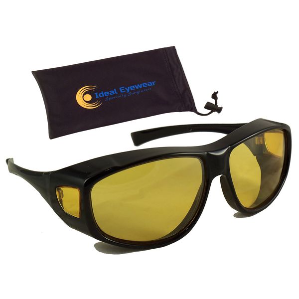 Ideal Eyewear Night Driving Wear Over Glasses Yellow Lens Fit Over Glasses (Black Frame with case, Medium)