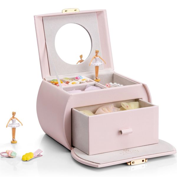 Vlando Kids Musical Jewelry Box for Girls with Drawer, Music Box with Ballerina and Stickers for Birthday Bedroom Decor, Gifts for Girls Kids Christmas Thanksgiving Gifts 2024 - Light Pink