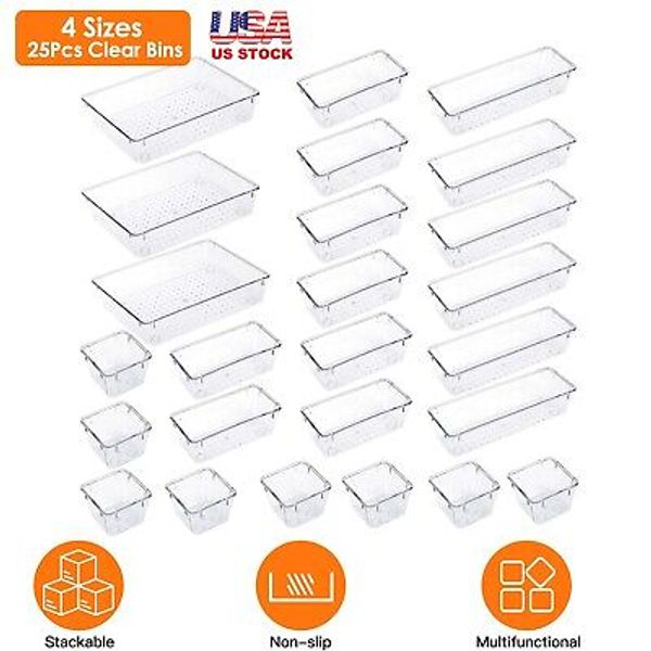 25pcs Clear Plastic Makeup Drawer Organizer Tray Set Stackable Storage Container