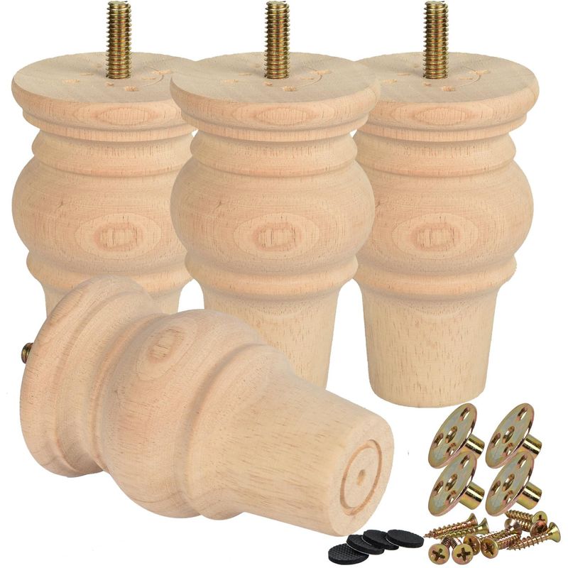 4 Inch Wooden Furniture Legs,Solid Unfinished Bun Feet with 5/16 inch ...