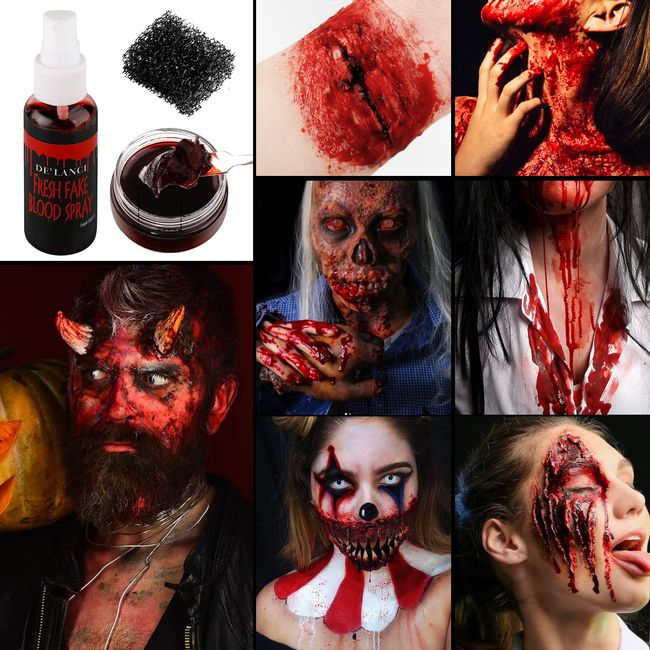 Kunstblut Spray Spritzer + Kunstschorf geronnenes Blut Gel + Stipple Schwamm, abwaschbares Kunstblut für Kleidung Augen Gesicht Haut, Kunstblut Makeup Kit für Halloween Vampir, Zombie und Sfx Wunde