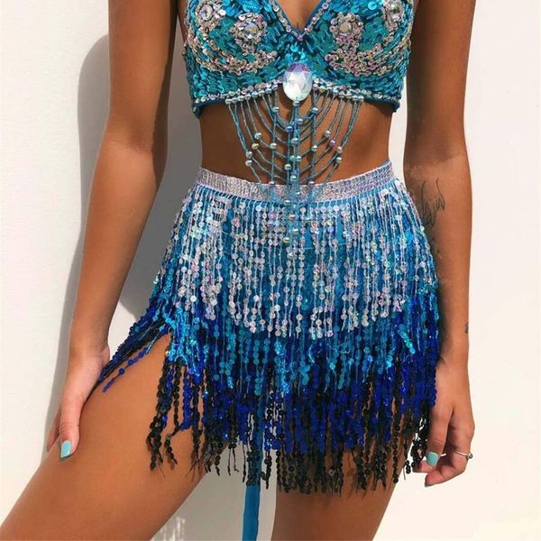 Zookey Sequin Tassel Skirt Belly Dance Hip Scarf Ballet Dance Mini Skirt Rave Outfit Festival Fringe Skirts for Women and Girls