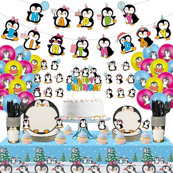 Yaomiao 133 Pcs Penguin Birthday Party Decorations Include Happy Birthday Penguin Banner Penguin Balloons Cake Topper Tablecloth Paper Plates Cups Cutlery for Winter Birthday Baby Shower Party (Cute)