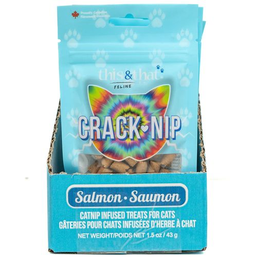 Snack Station: Crack-Nip 12 Pack - Salmon - 1.5 oz Bags - Catnip Infused Cat Treats, Smokey Flavor Protein Rich Bites, This & That Canine Co