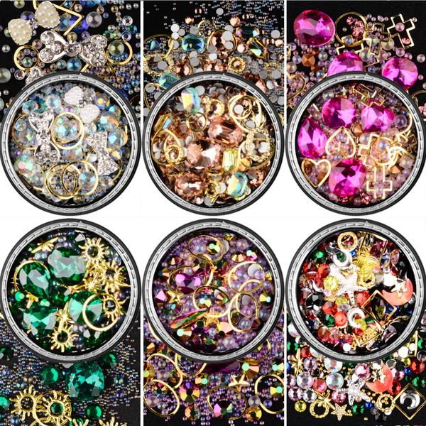 editTime 6 Wheels Mixed Sparkle Nail Art Rhinestones Diamonds Crystals Butterfly Beads Artificial Pearls Gold Silver Nail Studs Gems Metal Hollow Rivets Charms (Micro caviar beads kit)