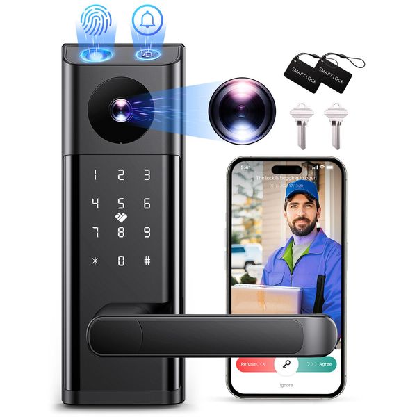 Smart Lock with Camera & Handle Fingerprint Keyless Door Lock WiFi APP Control