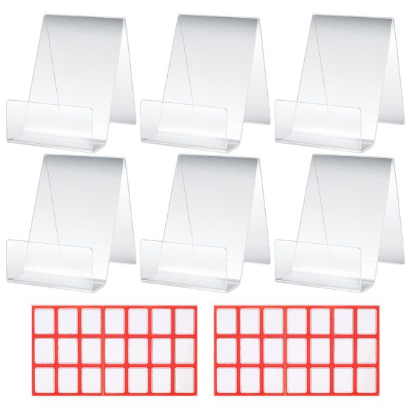 6 Pcs Clear Acrylic Book Stands, Display Stands, Message Holders, Menu Counter Poster Leaflet Sign Table Display Holder Stands for Shop Bookstore School, with 2 Sheets Labels(7.5 x 3 x 10.7cm)