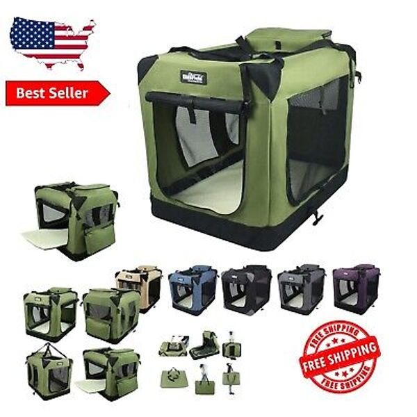 30" 3-Door Folding Soft Dog Crate with Carrying Bag & Fleece Bed, Sage Green