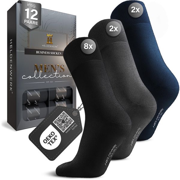 HELDENWERK 12er Pack Socken Herren I Herrensocken mit atmungsaktiver Baumwolle ohne drückende Naht I Business Männersocken, Anzugsocken (8x schwarz, 2x grau, 2x navyblau)
