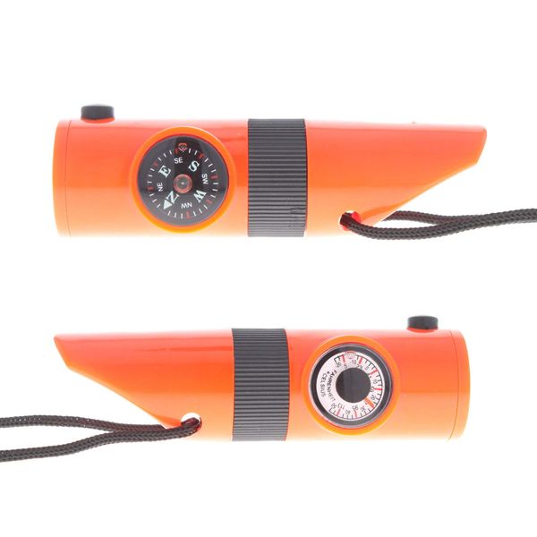 7 in 1 Survival Whistle Multi-Case with LED Flashlight Compass Mirror - Orange