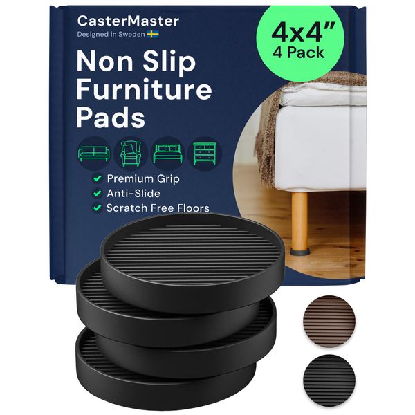 CasterMaster Non Slip Furniture Pads for Hardwood Floors - 4x4 Black Round Caster Cups - Rubber Feet for Furniture - Anti Slip Couch & Furniture Grip - Bed Frame Feet Protectors (Set of 4)
