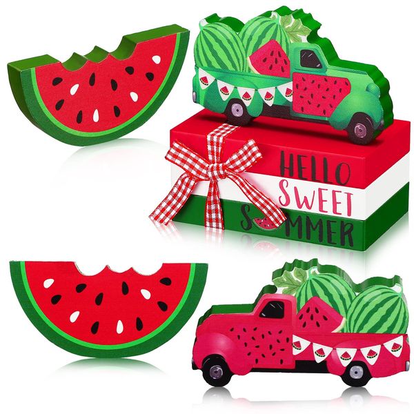 Yalikop 5 Pcs Watermelon Table Decorations Summer Tiered Tray Decor Mini Wooden Decorative Books Stack with Twine with Wood Truck Sign for Home Kitchen Shelf Tabletop Centerpieces