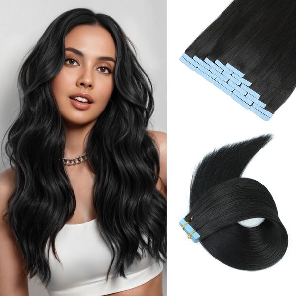 JESSBO Tape in Extensions Echthaar,Schwarz,45cm 20 Stück, Invisible Tape Extensions HaarverläNgerung Echthaar Jet Black(50g/Pack)