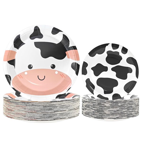 QZV 80 Pcs Cow Print Plates Cow Party Decorations Farm Animal Zoo Cow Print Paper Party Supplies Disposable Dinnerware Theme for Birthday Party Baby Shower Picnic Decorations