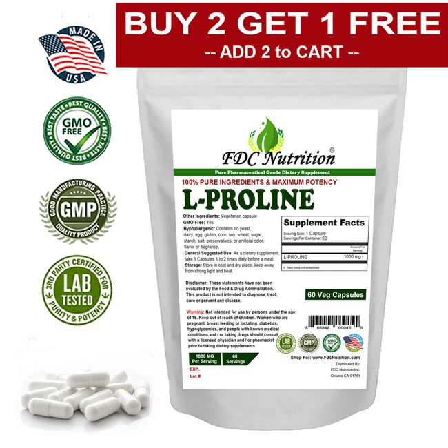 FDC Nutritiion L-proline Amino Acid Dietary Supplement 1000 Mg, 60cap buy2get1