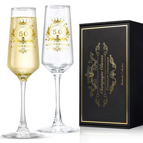 ROXBURGH 50th Wedding Anniversary Champagne Flutes Gifts Rhinestones Studded, 50th Anniversary Decorations 7 OZ Crystal Champagne Glasses Set of 2, Wedding Gifts for Couples, Parents Anniversary