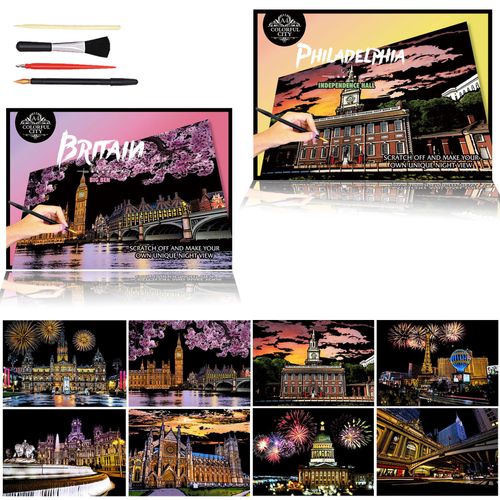 Scratch Painting & Scratch Art for Adults &Kids, 8pcs Rainbow City Night View Scratch Cards, Paint by Scratch Paper Art Set