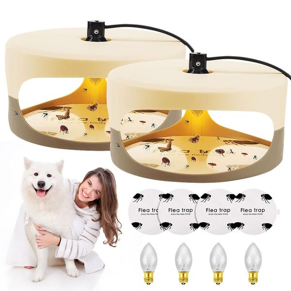 Mineup 2 Pcs Flea Traps for Home, LED Odorless Flea Light Trap with 4 Light Bulbs & 4 Glue Discs & 2 Wires, Rechargable Flea Lamp Traps for Home, Flying Traps and Killer for Carpets Bedding House