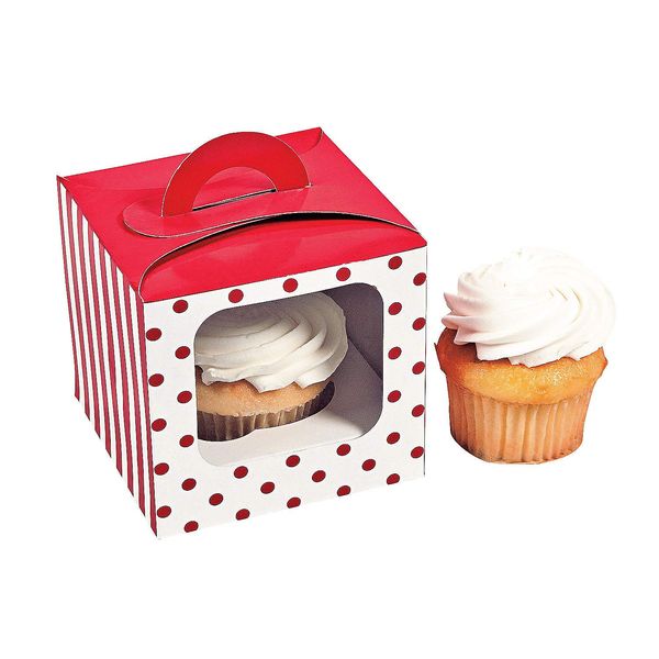 Red Polka Dot Cupcake Box with Handle - Set of 12 - Party Supplies