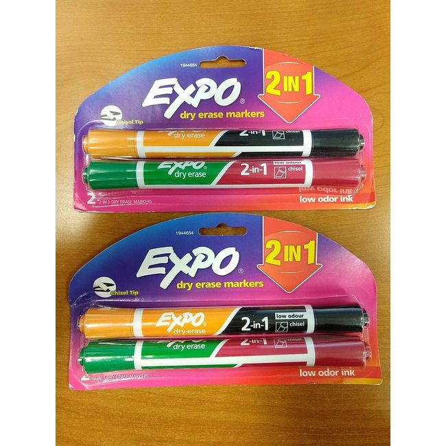 2 Packs Expo Dry Erase 2-in-1 Markers Chisel Tip Assorted Colors 2 Ct. Ea. - E9H