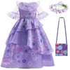 Isabella Dress for 3-10 Year-Old Girls, Encanto Party Supplies Dress Up With Adjustable Wreath and Bag, Lavender