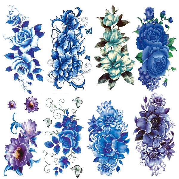 Yesallwas Tattoo Stickers, Rose Blue, Flowers, Set of 8, Purple, Rose, Rose, Stylish, Waterproof, Long Lasting, Tattoo Stickers, Arms, Legs, Chest, Women, Women, Body Stickers, Blue Rose tattoos Stickers, 3.5 x 7.5 inches (9 x 19 cm), Blue