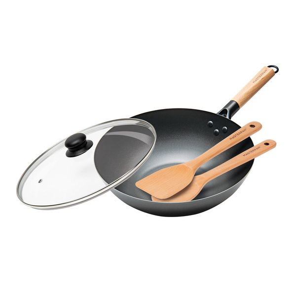 Nonstick Carbon Steel Wok with Glass Lid & Wooden Utensils, 12" (30cm) - Black