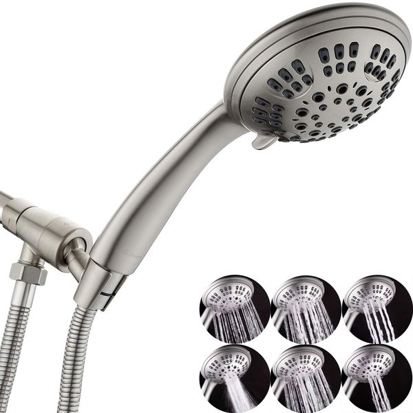 G-Promise High Pressure Shower Head 6 Spray Setting Hand Held Shower Heads with Adjustable Solid Brass Shower Arm Mount Extra Long Flexible Stainless Steel Hose(Brushed Nickel)