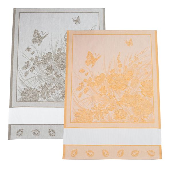 Filet - Set of 2 Jacquard Tea Towels for Kitchen with Aida Insert 55 Holes to Embroider, Ideal for Drying Dinnerware, Made in Italy, Flower Design, Yellow and Rope