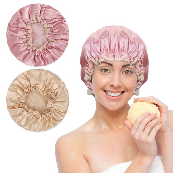 Toplive Shower Cap, Hair Cap, Set of 2, 2 Layers, Waterproof, Reusable, Bath Cap, Colorfast, Bath Supplies, Lightweight, Cute, Flexible, Beautiful Hair, Makeup Hat, Sleeping Hat, Hot Springs, Cooking, Face Washing Cap (Pink + Champagne)