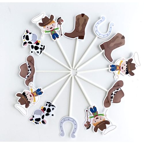 Cowboy Cupcake Toppers 12 pcs, Boys Western Cake Picks, Blue Rodeo Birthday Decoration for Boys, Toddler Party Supplies, Western Baby Shower Themed Celebration