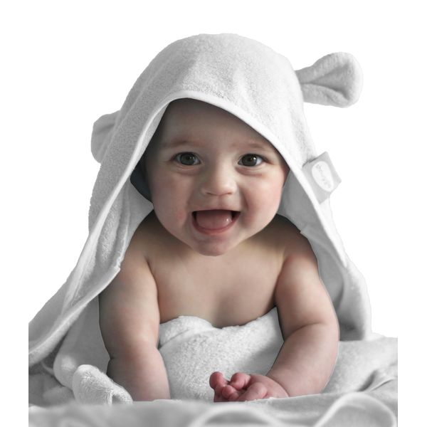 Shnuggle Hooded Baby Towel | Wearable Baby Bath Towels with Hood | Soft Absorbant Bamboo Cotton Bath Towels with Cute Ears | For Newborn Baby Boy and Girl | White