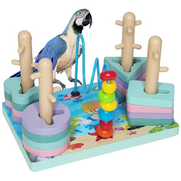 Bird Wooden Block Puzzle Toy Parrot Training Intelligence Toy Parakeet Perch Gym Playpen Stacking Rings Toy Mini Parrot Blocks Balls for Macaw Cockatile Cockatoos and Other Birds