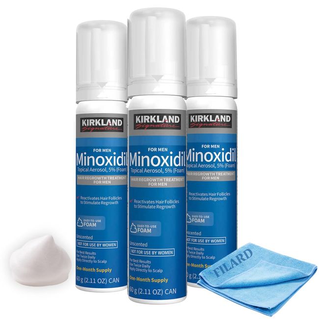 Filard Bundle, 2 Items: KIRKLAND Minoxidil Topical Aerosol 5% Foam - Minoxidil For Men Hair Loss Regrowth Treatment - Monoxide for Men Hair - 2.11oz, 3 Counts with Microfiber