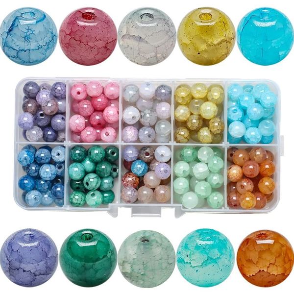 YPLonon Cracked Crystal Beads 200PCS Gemstone Round Glass Bead Mix-Color Crackle Beads with Hole Sparkling Loose Beads for Crafts & Jewellery Necklace Bracelet Earrings Wind Chimes Making Xmas Gift