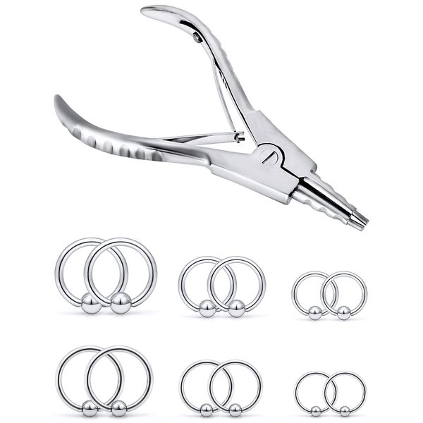 Vsnnsns 316L Stainless Steel Body Piercing Plier Tool Rings Opening Piercing Clamps Forceps With 14G 16G Captive Bead Rings 8MM 10MM 12MM for Ear Lip Navel Belly Nose Septum Piercing Rings 13Pcs