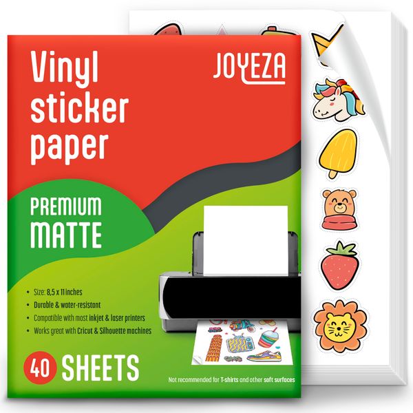 JOYEZA Premium Printable Vinyl Sticker Paper for Inkjet Printer - 40 Sheets Matte White Waterproof, Dries Quickly Vivid Colors, Holds Ink well- Tear Resistant - Inkjet & Laser Printer