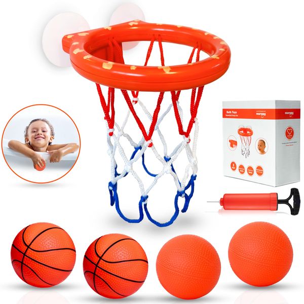 MARPPY Bath Toys - Bathtub Basketball Hoop for Toddlers and Kids - Bathtub and Shower Toys with 4 Soft Balls, Mold Free and Strong Suction Cup, Fun Bath Toys for Kids, Toddlers - Boys and Girls